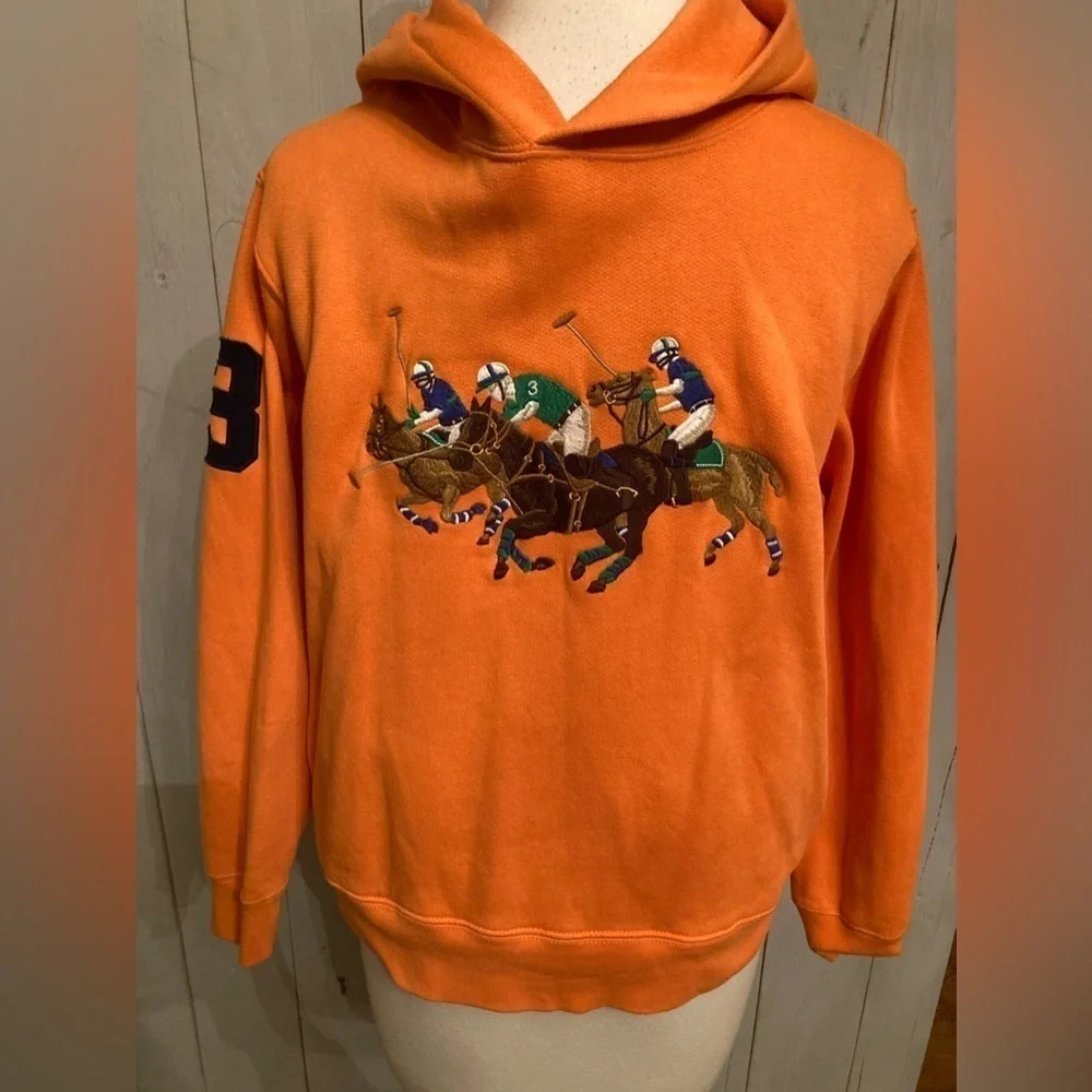 Polo Ralph Lauren Boy’s May‎ Orange Triple-Pony Graphic Fleece Hoodie. Sz-14/16